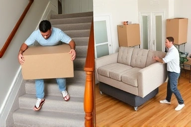 Contrast of difficult DIY furniture removal vs. efficient professional service.